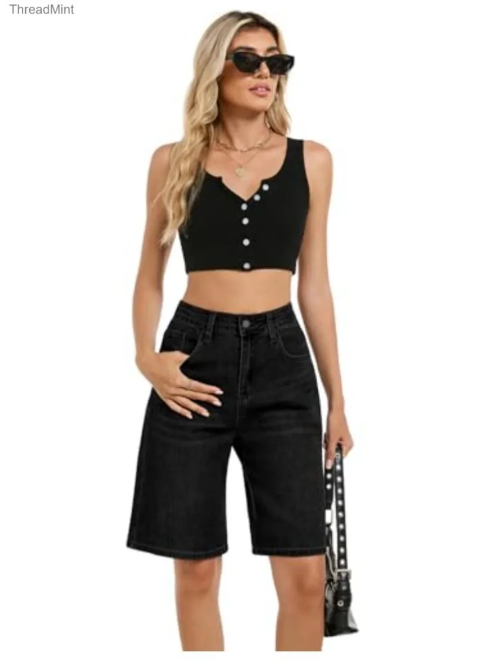 Stretchy High Waisted Bermuda Denim Shorts for Women Baggy Jorts Long Jean